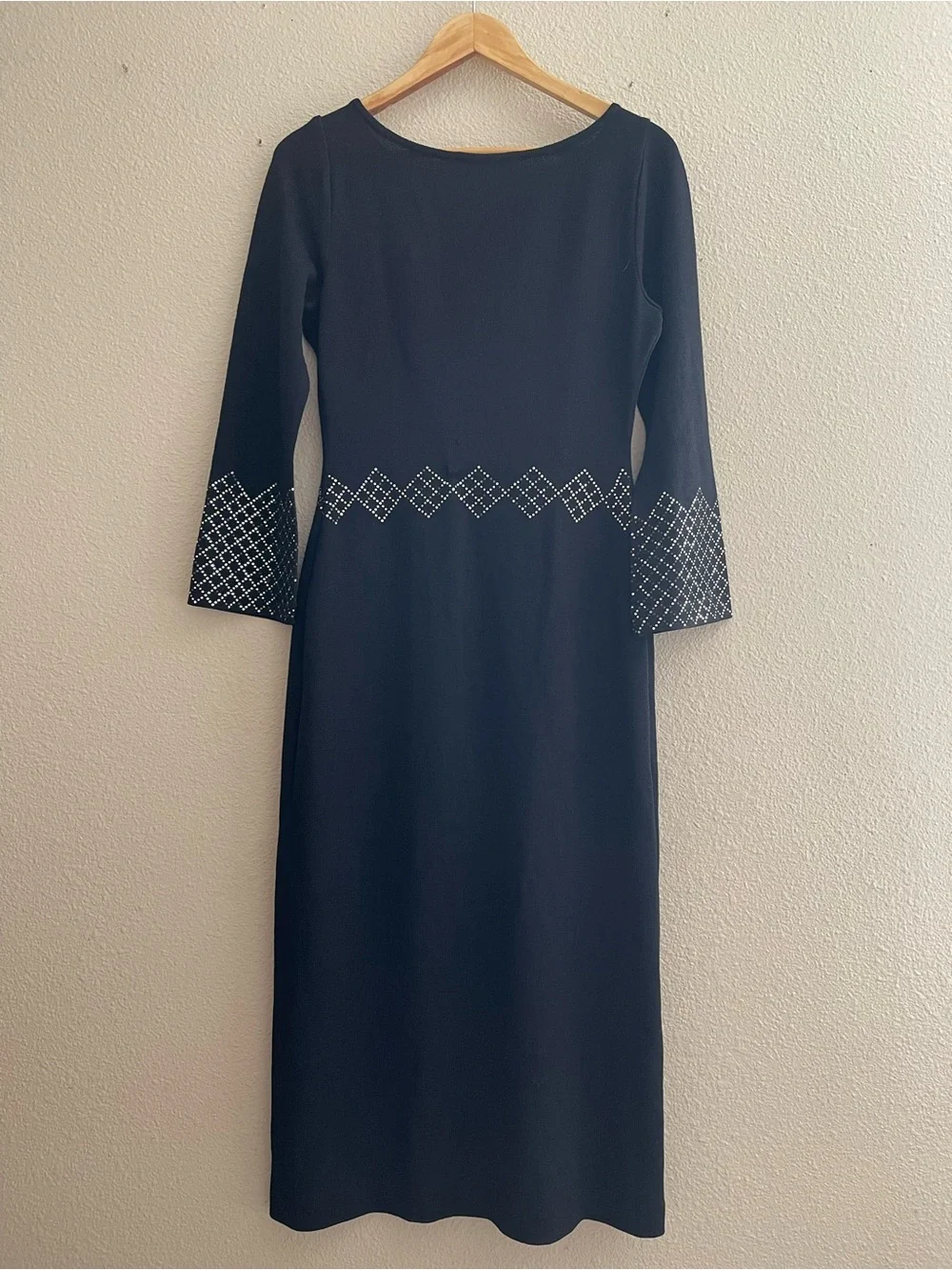 St. John Evening Black Santana Knit Dress Crystal Studded Cuff Waist Long Sleeve